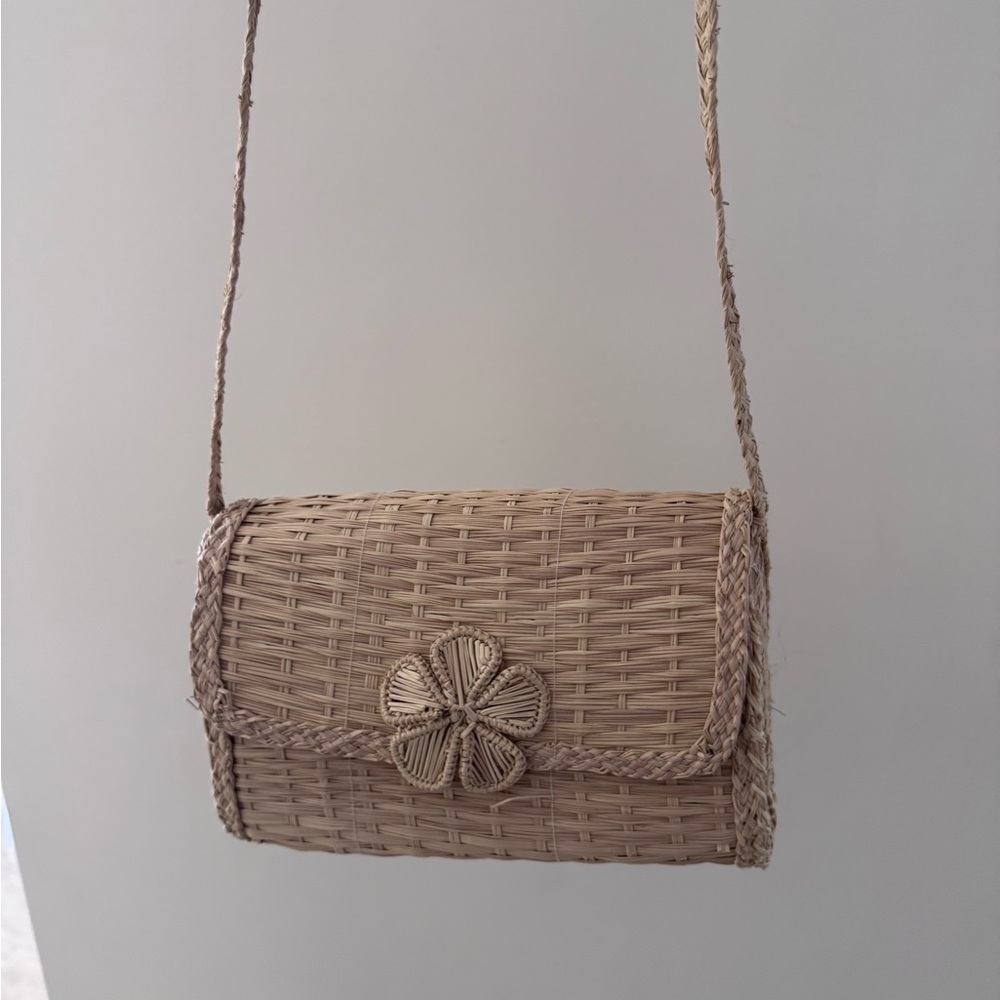 Woven Straw Crossbody Bag with Floral Accent in Natural Tan